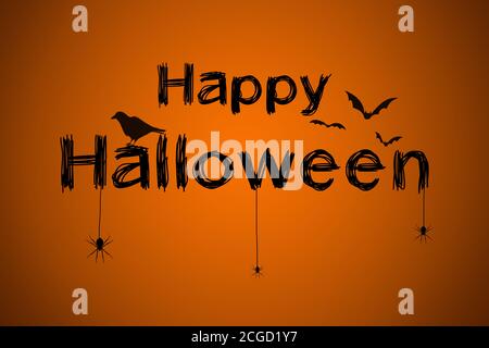 Happy halloween schwarzer Text auf Karte mit Spinnen, Krähe und Fledermäusen. Illustration auf orangefarbenem Hintergrund Stockfoto