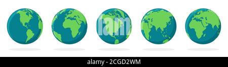 Erdkugel-Symbole isoliert. Symbole der Weltkarte. Satz von farbigen Hemisphären der Erde mit verschiedenen Kontinenten. Vektorgrafik. Stock Vektor