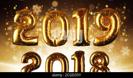 Das neue Jahr kommt, das alte ist vorbei. Happy New Year Konzept mit goldenen Zahlen. Feier- und Neujahrskonzept Stockfoto