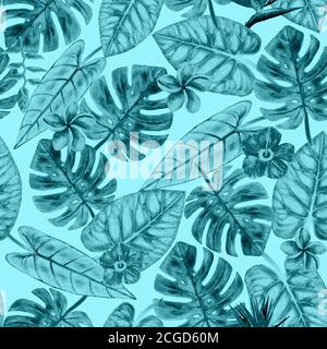 Aquarell abstrakt Sommer monochrom nahtlose Muster mit tropischen Pflanzen auf blau teal Hintergrund. Aquarell von Hand gezeichnete exotische Blätter und Blumen. Stockfoto