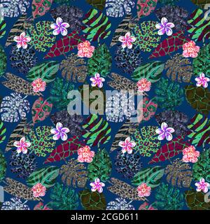 Aquarell abstraktes Nahtloses Muster mit hellen tropischen exotischen Pflanzen. Aquarell Handgezeichnete Palmen, Monstera, Philodendron, Frangipani, Hibiscus wi Stockfoto