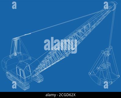 Dragline-Walking-Bagger. Vektordarstellung von 3d. Drahtmodell. Die Ebenen der sichtbaren und unsichtbaren Linien werden getrennt. Stock Vektor