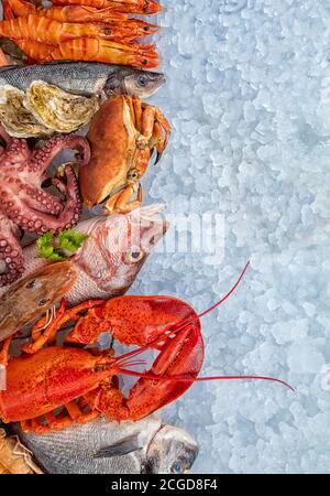 Hummer mit Meeresfrüchten, Krabben, Garnelen, Krake, Auster und anderen Muscheln auf zerkleinertem Eis serviert. Stockfoto