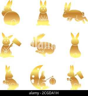 Niedliche Kaninchen und Mitte Herbst Icon-Set, Gradient-Stil, Vektor-Illustration Stock Vektor