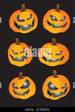 Kürbis mit Schnitzereien von bösen Gesichtern für Halloween. Vektordarstellung auf schwarzem Hintergrund isoliert. Stock Vektor