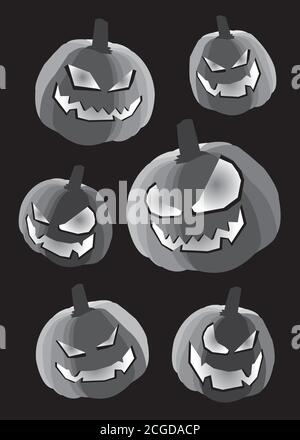 Vektor-Illustration von halloween Kürbis Köpfe Laternen in schwarz, grau und weiß isoliert auf schwarzem Hintergrund. Stock Vektor