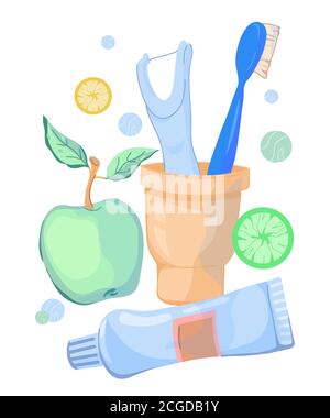 Orale Zahnpflege-Kit für gesunde Zähne flache Vektor-Illustration isoliert. Stock Vektor