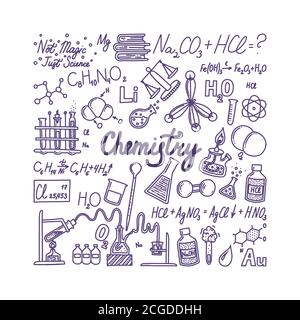 Großes Chemie-Banner mit Schriftzug. Handgezeichnete Objekte, die mit Chemie, Elementen und Experimenten verbunden sind. Vektorgrafik im Doodle-Stil Stock Vektor