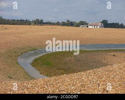 Ein isoliertes Häuschen und ein wässriger Bach an der Schindelbank in der Shingle Street, Suffolk. Stockfoto