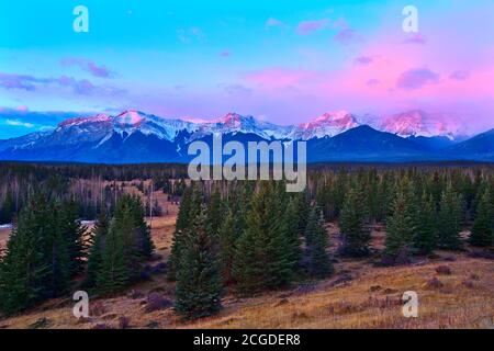 Ein atemberaubender Alpenglow am frühen Morgen an den östlichen Hängen der felsigen Berge in der Nähe von Brule Alberta Canada. Stockfoto