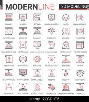 3d-Druck Wissenschaft Technologie flache Web-Symbol Vektor Illustration Set. Rot schwarz dünne Linie kreatives Design mit 3d-Modellierung moderne Cyber-Tech-Drucker Ausrüstung Maschinen, zukünftige wissenschaftliche Innovationen Stock Vektor