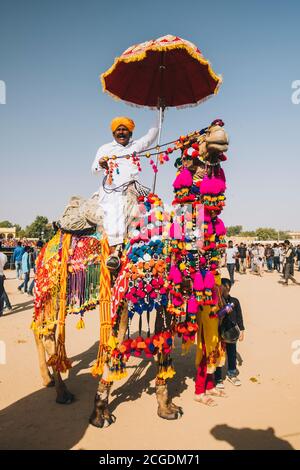 Indische Reiten farbenfrohe Kamel während der Parade der Jaisalmer Wüste Festival Stockfoto