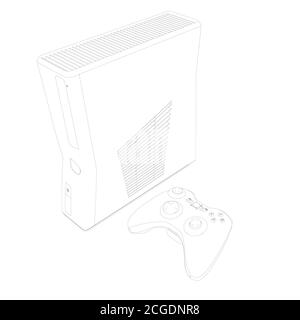 Kontur einer Spielkonsole mit einer Fernbedienung aus schwarzen Linien isoliert auf einem weißen Hintergrund. Isometrische Ansicht. Vektorgrafik Stock Vektor