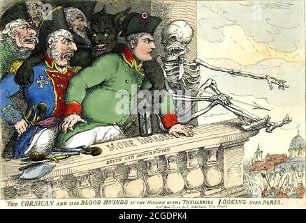 Satirischer Druck über Napoleon mit dem Titel 'der Korsiker und sein Blut hallt am Fenster der Thuillerien, die über Paris blicken' von Thomas Rowlandson (1757-1827), 1815 Stockfoto