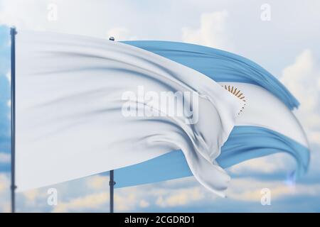 Weiße Flagge auf Fahnenmast winkt im Wind und Flagge Argentiniens. Nahaufnahme, 3D-Illustration. Stockfoto