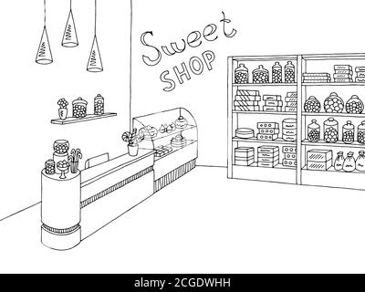 Sweet Shop Grafik schwarz weiß Interieur Skizze Illustration Vektor Stock Vektor