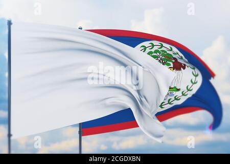 Weiße Flagge auf Fahnenmast winkt im Wind und Flagge von Belize. Nahaufnahme, 3D-Illustration. Stockfoto