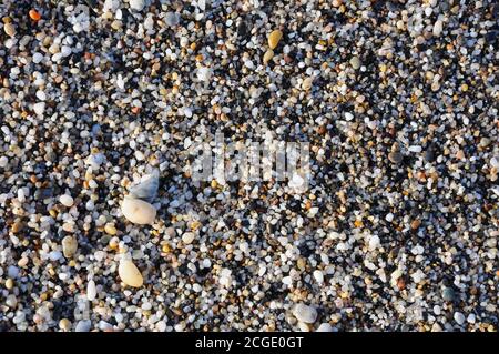 Kieselsteinstruktur oder Hintergrund auf einem Strand, Flusssteine Stockfoto