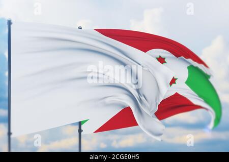 Weiße Flagge auf Fahnenmast winkt im Wind und Flagge von Burundi. Nahaufnahme, 3D-Illustration. Stockfoto