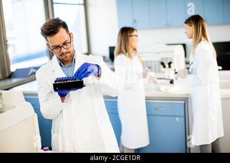 Handsome Forscher in schützende Arbeitskleidung stehen im Labor und Analyse von flüssigen Proben Stockfoto