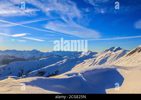 Blick auf das Skigebiet Paradiski La Plagne, Französische Alpen Stockfoto