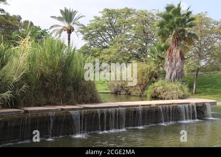 Ein Pool und Wasserfall fließt in das Grün und frisch Umgebung von edith wolfson Park in Tel aviv israel Stockfoto