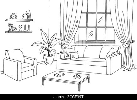Wohnzimmer Grafik schwarz weiß Interieur Skizze Illustration Vektor Stock Vektor