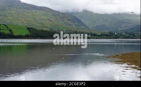 Wolken Rollen über den Caha Mountains in der Nähe der Muschelfarmen von Ardgroom, Grafschaft Kerry, Irland auf der Beara Halbinsel. Stockfoto