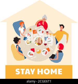 Bleib zu Hause. Sperre. Abendessen mit Großfamilie. Familie um den Tisch während der Quarantäne Stock Vektor