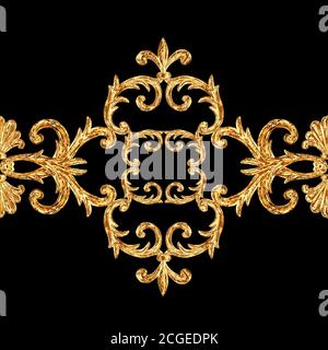 Barock Stil goldene Ziersegmente nahtlose Muster. Handgezeichneter Goldrahmen mit Rollen, Blättern und Elementen auf schwarzem Hintergrund. Vintage Stockfoto