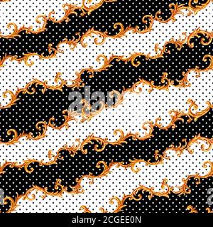 Barocke goldene Elemente Nahtloses Muster. Aquarell handgezeichnete Gold-Textur auf schwarzem und weißem Polka-Punkt-Hintergrund. Aquarell-Vintage-Druck Stockfoto
