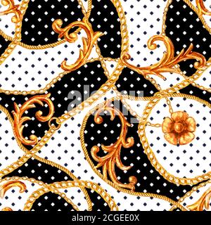 Barocke goldene Elemente Nahtloses Muster. Aquarell handgezeichnete Gold-Textur auf schwarzem und weißem Polka-Punkt-Hintergrund. Aquarell-Vintage-Druck Stockfoto