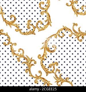 Barocke goldene Elemente Nahtloses Muster. Aquarell handgezeichnete Gold-Textur auf schwarzem und weißem Polka-Punkt-Hintergrund. Aquarell-Vintage-Druck Stockfoto