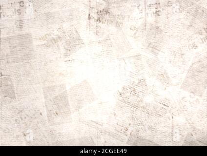 Vintage Grunge Zeitung Papier Textur Hintergrund. Verschwommener alter Nachrichtenhintergrund. Eine unleserliche Seite für veraltete Zeitungen mit Textort. Graue Sepia Stockfoto