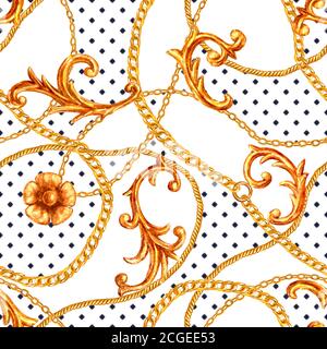 Barocke goldene Elemente ornamentales Nahtmuster. Aquarell handgezeichnete Gold-Textur auf weißem Hintergrund. Aquarell Vintage Design Print für fabr Stockfoto