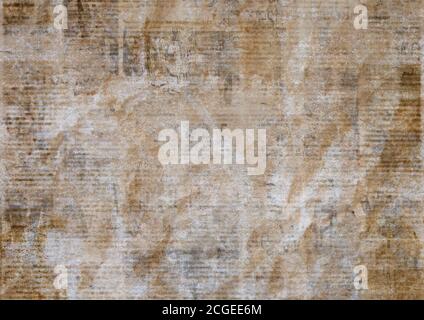 Vintage Grunge zerknittert Papier Textur Hintergrund. Verschwommene alte Zeitungsstruktur. Eine unleserliche Seite für veraltete Zeitungen mit Textort. Braun bei Stockfoto