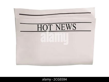 Mockup Zeitung leer isoliert auf weißem Hintergrund. Nachrichtenpapier mit Schlagzeile Hot News. Vintage graue Grunge Textur. Leerer Raum für Nachrichtensendungen und ima Stockfoto