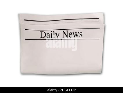 Tageszeitung leer. Mockup isoliert auf weißem Hintergrund. Nachrichtenpapier mit Schlagzeile. Vintage alte grau beige Sepia Grunge Textur. Leerzeichen für Text Stockfoto