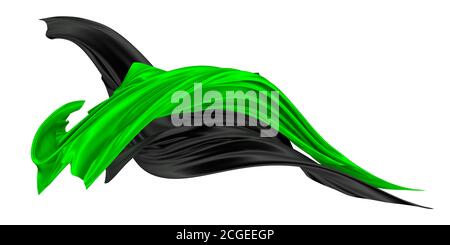 Zwei Klappen aus Seide oder Satinstoff entwickeln sich im Wind. Zweifarbig fließende Qualität. 3D-Rendering-Bild. Bild auf weißem Hintergrund. Stockfoto