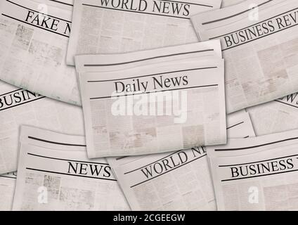 Zeitungen mit Überschriften auf horizontaler Fläche. Hintergrund der alten Zeitung. Texturen für veraltete Nachrichtenseiten. Grau weiß schwarz Papier Collage. Draufsicht. Stockfoto