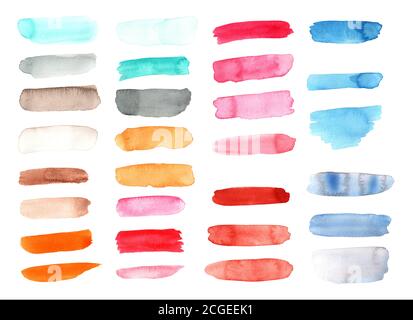 Farbige Pinselstriche auf weißem Papier Draufsicht. Aquarell Pinselstriche von rot, blau, gelb auf weißem Hintergrund isolieren. Stockfoto