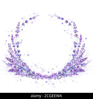 Lavendel Blumen lila Aquarell runden Rahmen isoliert auf weißem Hintergrund. Aquarell von Hand gezeichnet floralen Kreis Illustration. Designelement für Inv Stockfoto