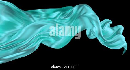 Schöne cyan gewellte Stoff mit Metall-Textur und lackierte Oberfläche. Sauberer schwarzer Hintergrund. Fließendes Element für Grafikdesign. Wenig funkelt unter Stockfoto