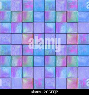 Abstraktes geometrisches Nahtmuster. Multicolor lila blau rosa handgezeichnete Aquarell Kunstwerk mit einfachen Quadraten Formen Figuren. Aquarell geformt Stockfoto