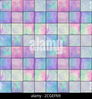 Abstraktes geometrisches Nahtmuster. Multicolor rosa lila blau handgezeichnet Aquarell Kunstwerk mit einfachen Quadraten Formen Figuren. Aquarellmosaik Stockfoto