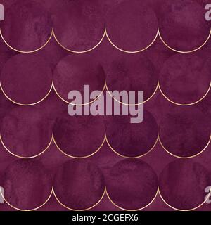 Abstrakt Aquarell Wellen Gold Glitter japanischen Luxus nahtlose Muster Hintergrund. Aquarell handgezeichnet dunkelburgunderrot Textur mit Goldkontur Stockfoto