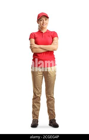 Porträt einer Arbeiterin in Rot t-Shirt isoliert auf weißem Hintergrund Stockfoto