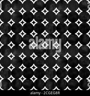 Abstraktes geometrisches Nahtmuster. Schwarz-Weiß minimalistisches monochromes Aquarell-Kunstwerk mit einfachen Formen und Figuren. Aquarell Kreise Shap Stockfoto