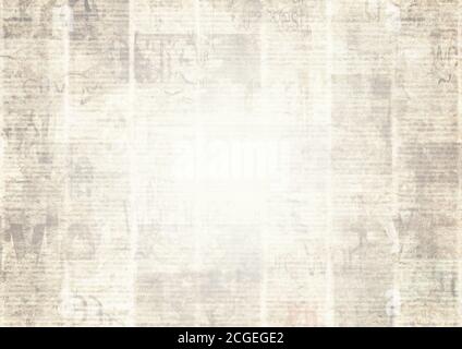 Zeitung mit altem unlesbaren Text. Vintage Grunge verschwommen Papier Nachrichten Textur horizontalen Hintergrund. Strukturierte Seite. Graue Collage. Leerzeichen für Text. Stockfoto