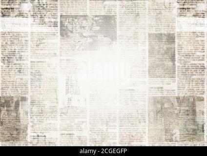 Zeitung mit altem unlesbaren Text. Vintage Grunge verschwommen Papier Nachrichten Textur horizontalen Hintergrund. Strukturierte Seite. Graue Collage. Leerzeichen für Text. Stockfoto